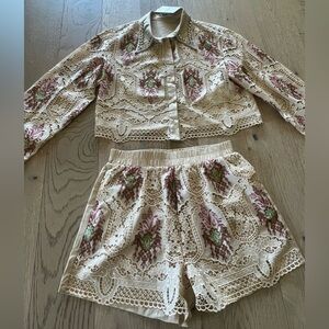 Embroidered Lace Two-Piece Set in Cream with Pink & Green Accents